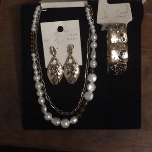 A New Day, 3pc set of gold tone bracelet, necklace, and earrings.